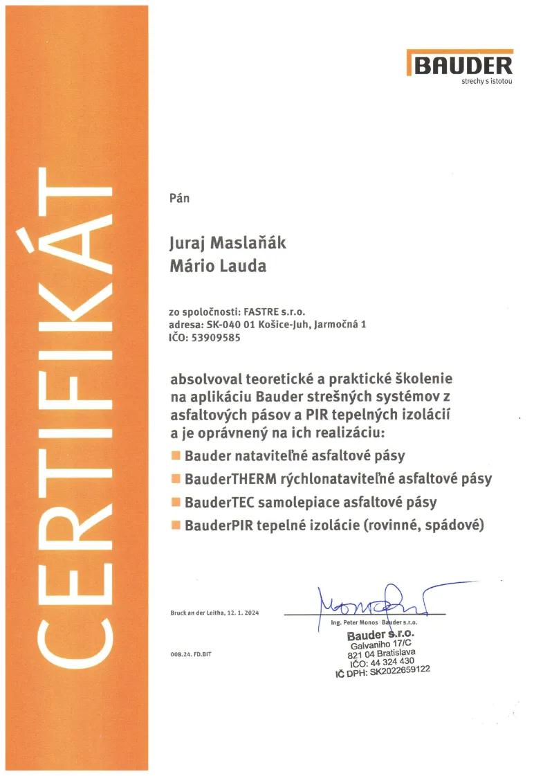 Certifikát Bauder