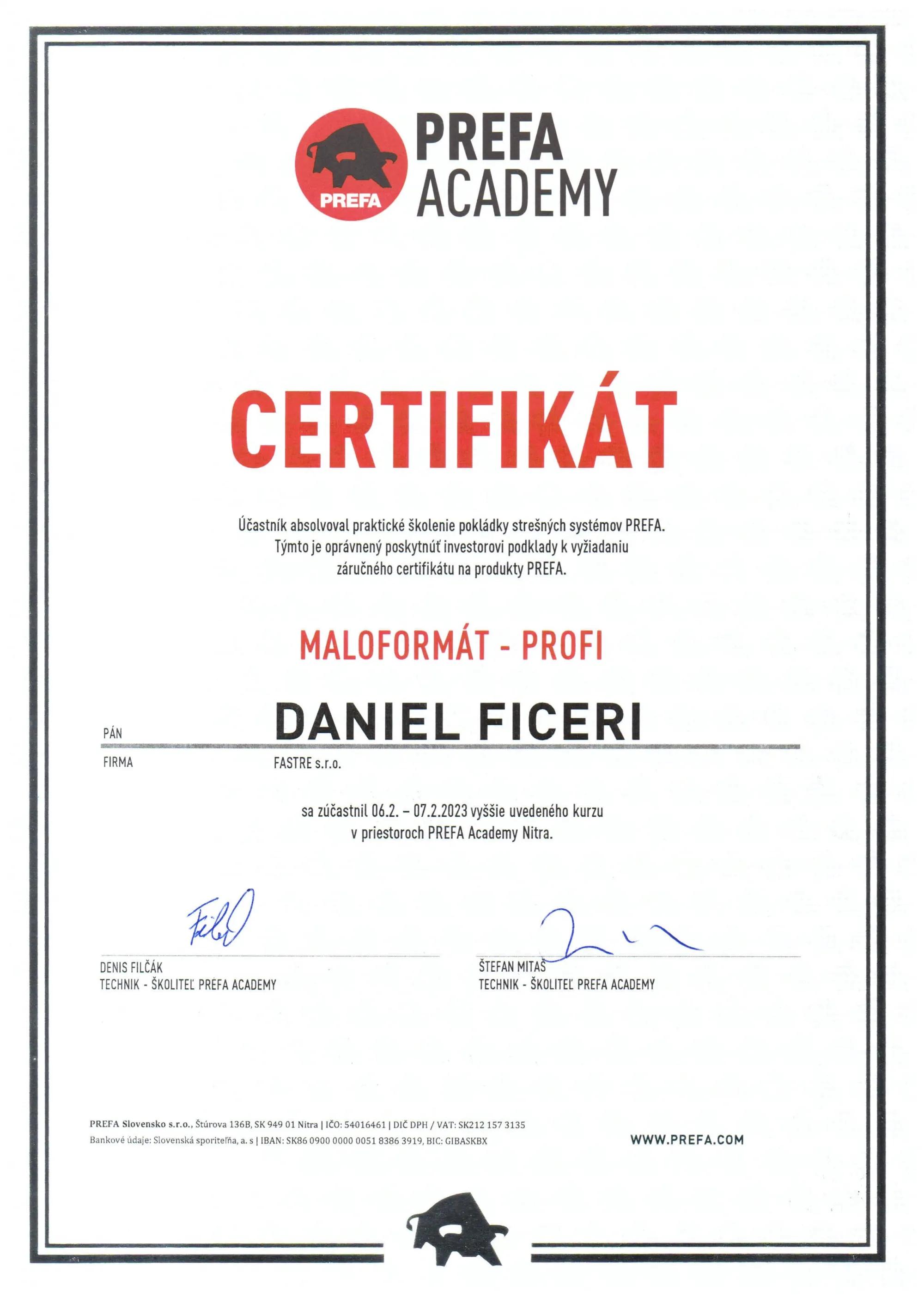 Certifikát Prefa maloformat Daniel Ciferi