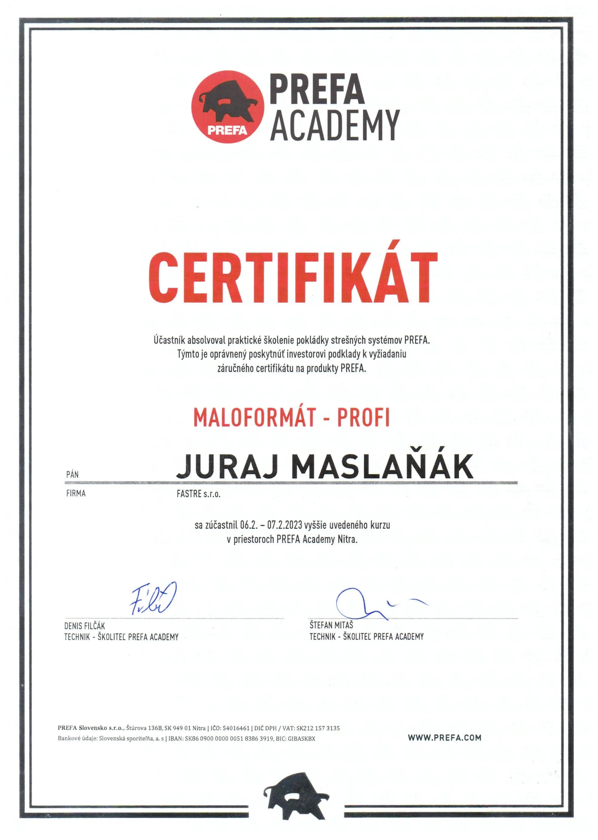 Certifikat PREFA MALOFORMAT JURAJ MASLANAK