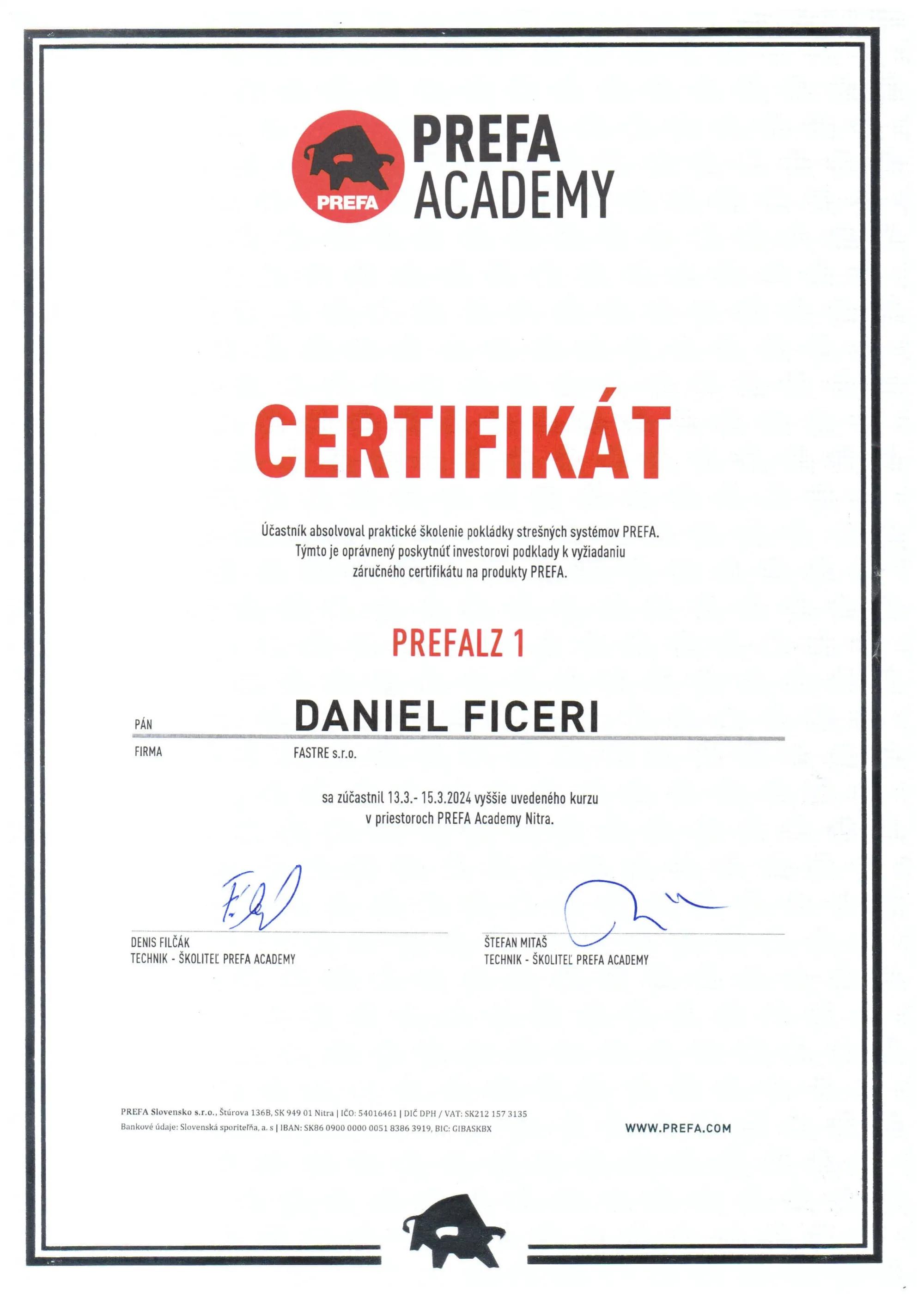 Certifikat PREFA PREFALZ DANIEL FICERI