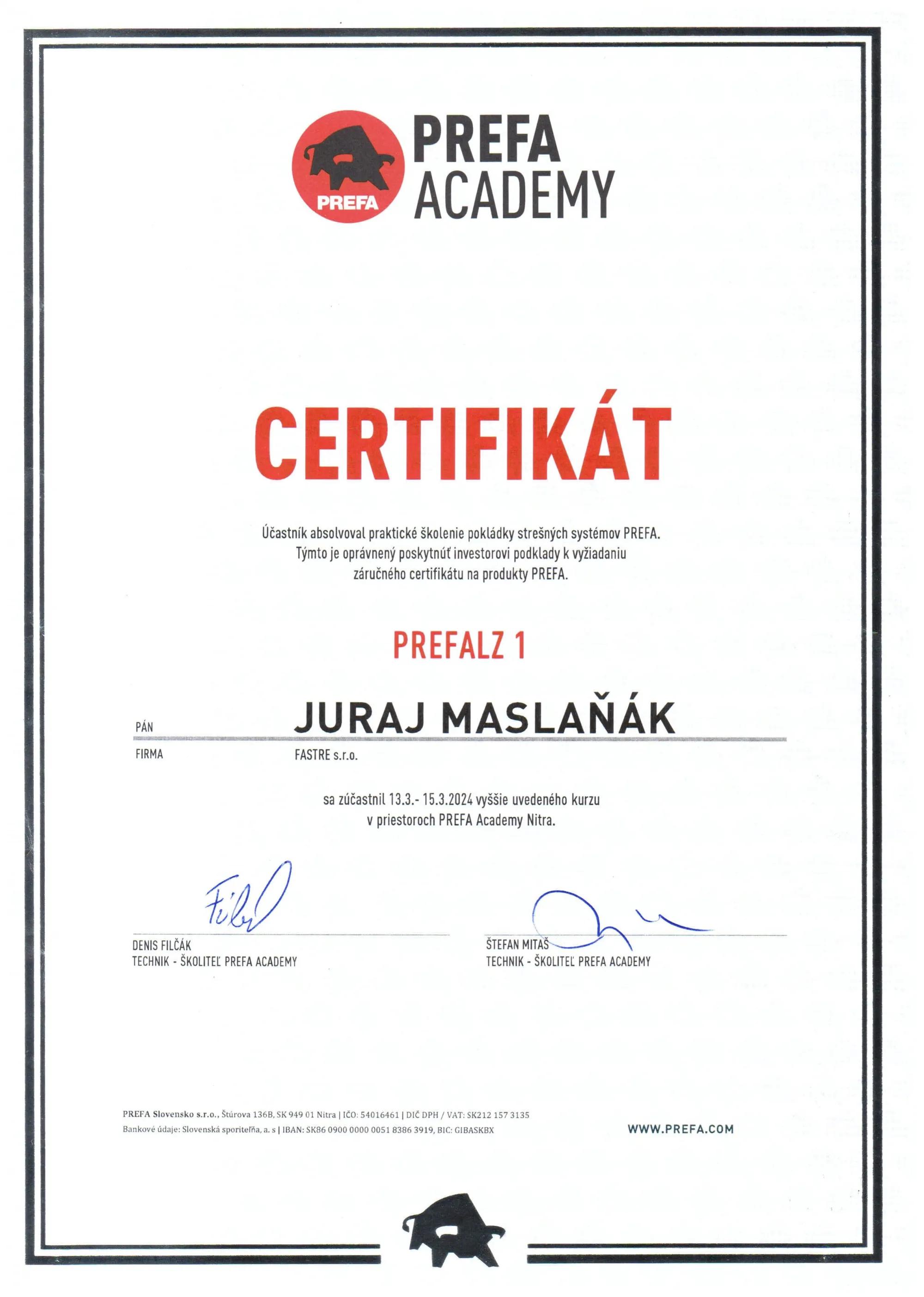 Certifikat PREFA PREFALZ JURAJ MASLANAK