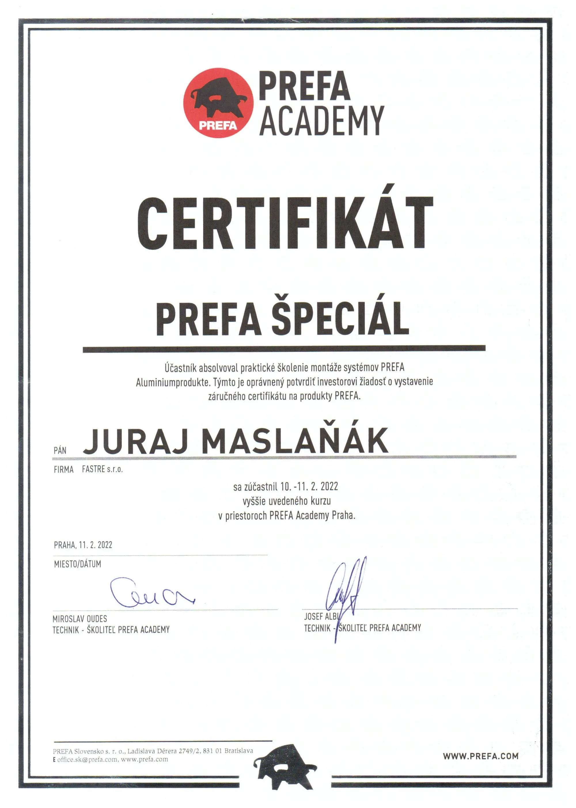 Certifikat PREFA PREFA SPECIAL JURAJ MASLANAK