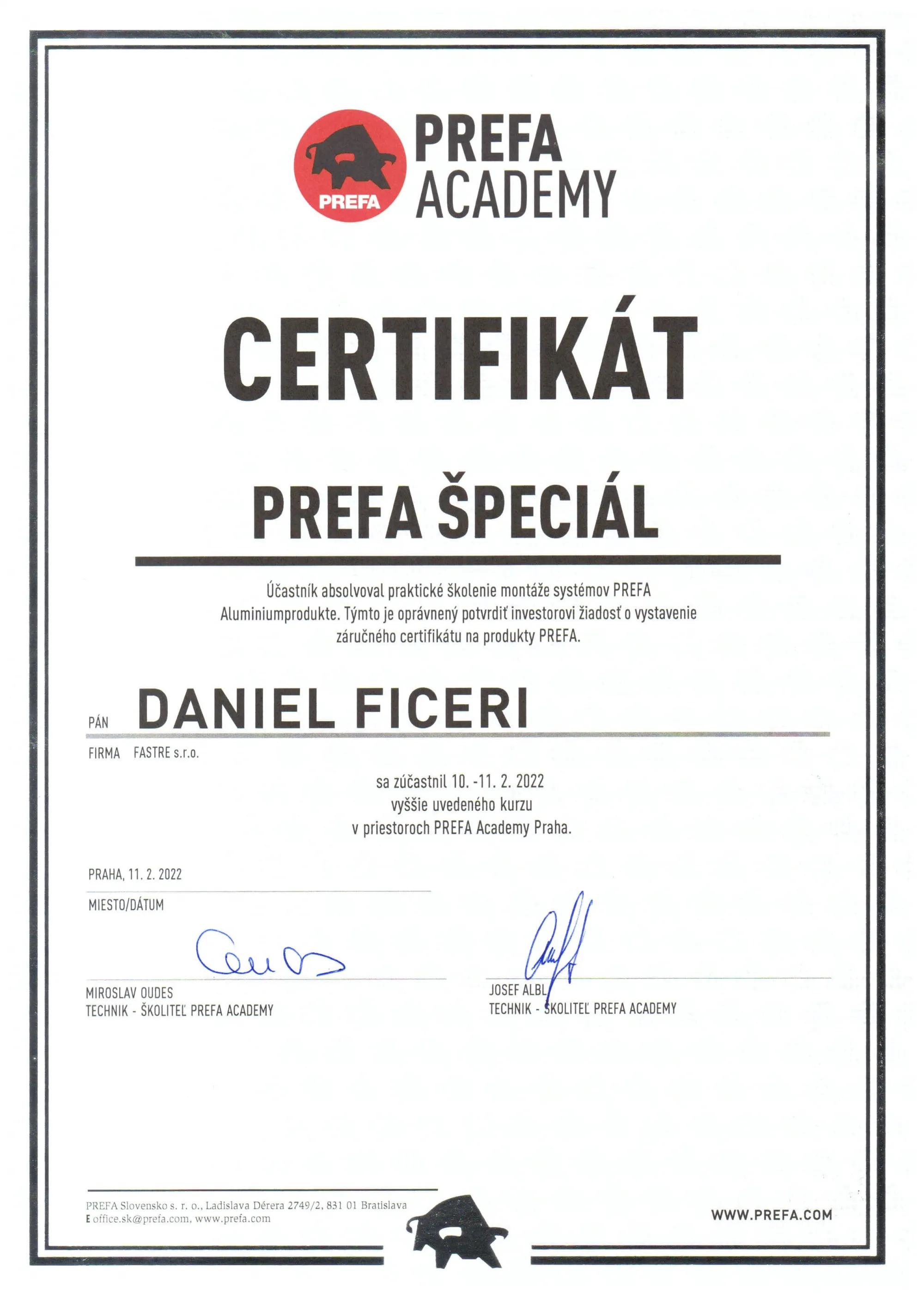 Certifikat PREFA SPECIAL DANIEL FICERI