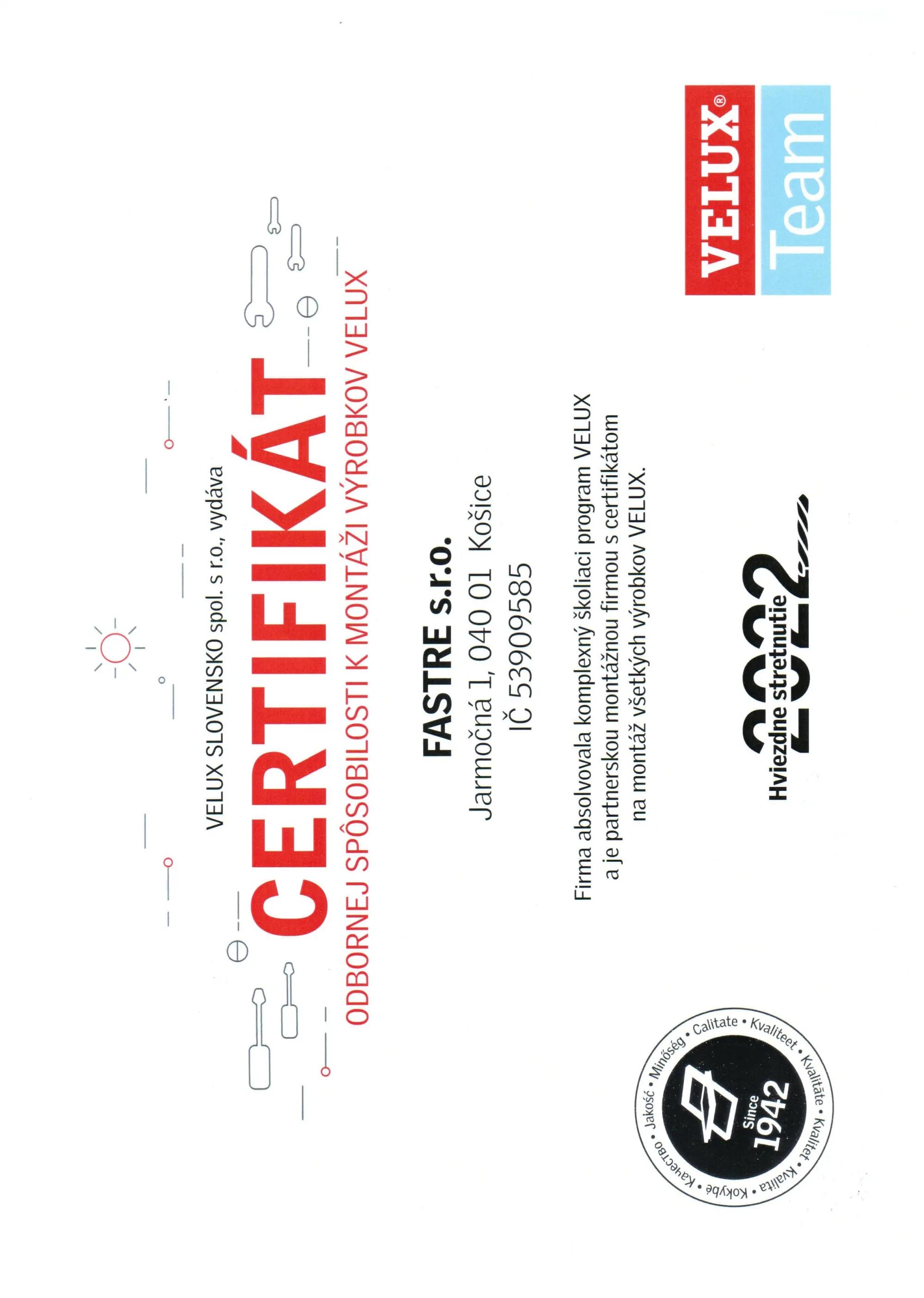 Certifikat VELUX TEAM Montaz FASTRE