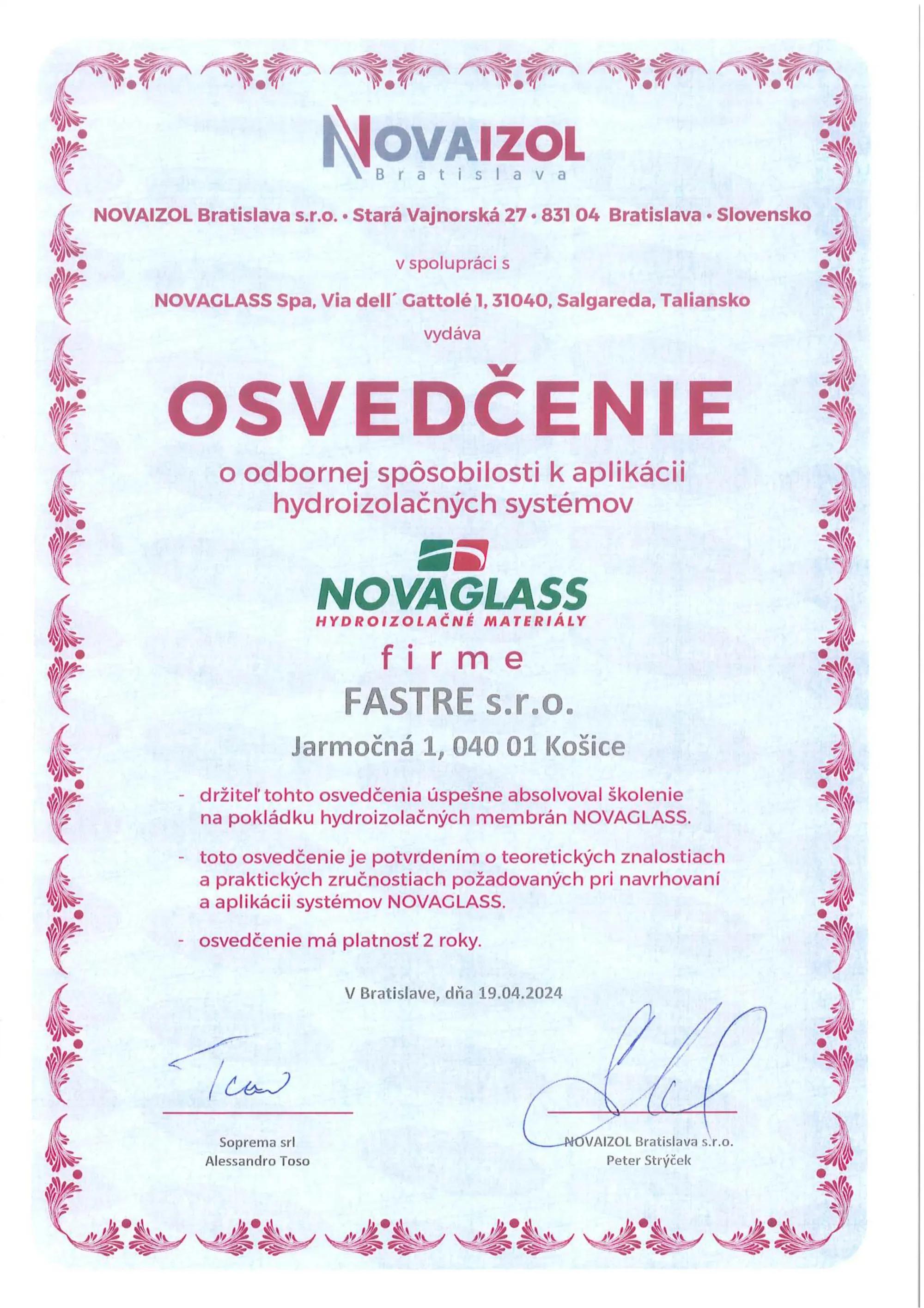 Osvedcenie FASTRE - NoVAIZOL